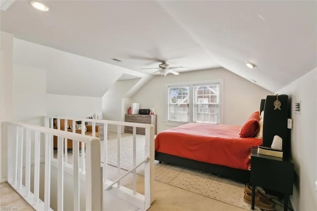 bedroom featuring visible vents, ceiling fan, light colored carpet, vaulted ceiling, and recessed lighting