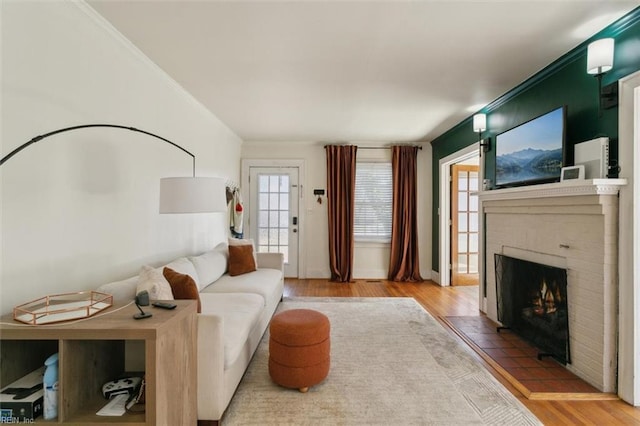 living room featuring a fireplace, wood finished floors, and crown molding