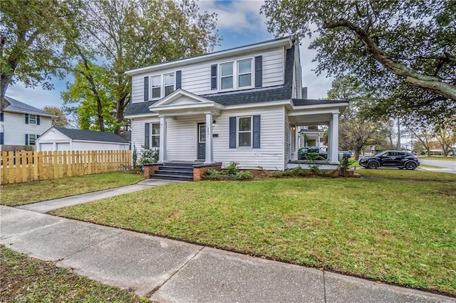 view of front of house with a front lawn, a porch, fence, and roof with shingles