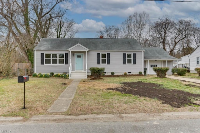 ranch-style home with a shingled roof, a front yard, fence, and crawl space