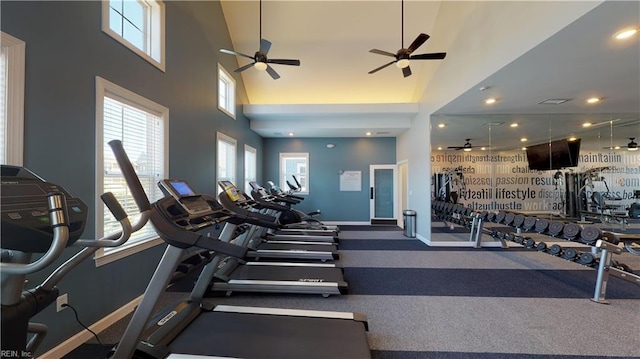 1948 Bexley Ln, Chesapeake, VA 23322 - gym featuring ceiling fan, healthy amount of natural light, baseboards, a towering ceiling, and recessed lighting