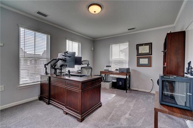 office area featuring light carpet, visible vents, and ornamental molding