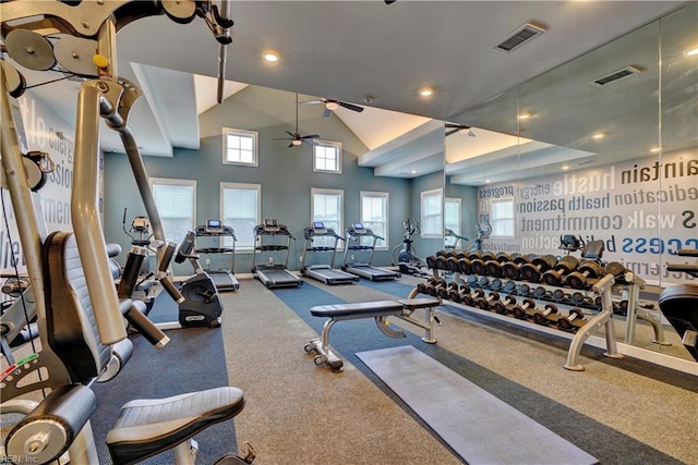 gym featuring high vaulted ceiling, ceiling fan, and visible vents
