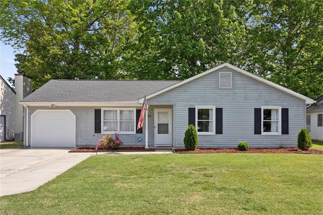 ranch-style home featuring a garage, central air condition unit, concrete driveway, and a front lawn