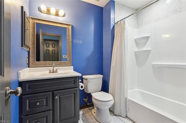 full bathroom featuring tile patterned flooring, shower / bathtub combination with curtain, toilet, and vanity