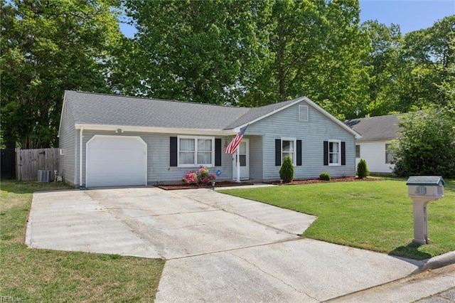 ranch-style home featuring fence, central AC, a front lawn, a garage, and concrete driveway