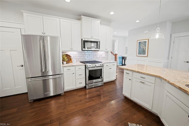kitchen featuring light stone countertops, wainscoting, stainless steel appliances, dark wood-style floors, and white cabinetry