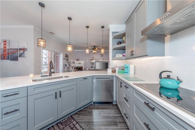 kitchen with ornamental molding, a sink, open shelves, wall chimney range hood, and dishwasher