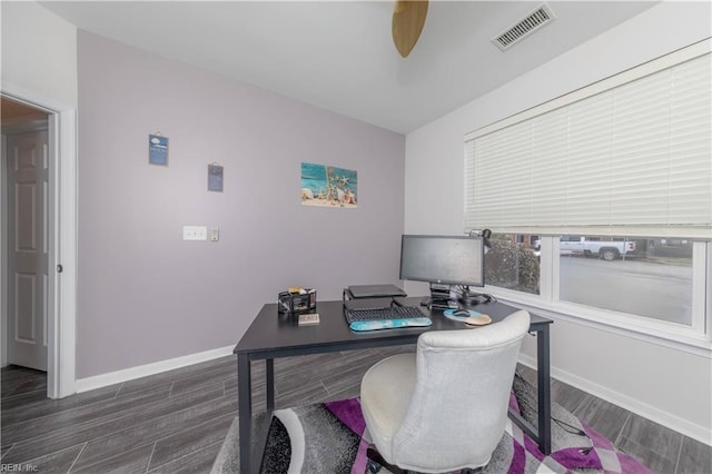 office area with visible vents, baseboards, and wood finished floors