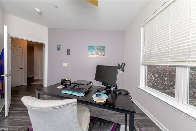 office space with baseboards and dark wood-style flooring
