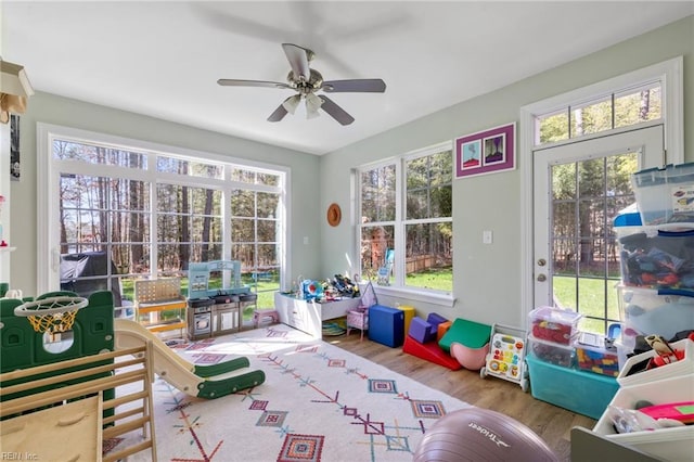 recreation room featuring a wealth of natural light, wood finished floors, and ceiling fan