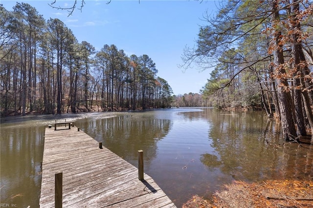 view of dock featuring a water view and a view of trees