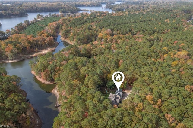 bird's eye view featuring a water view and a forest view