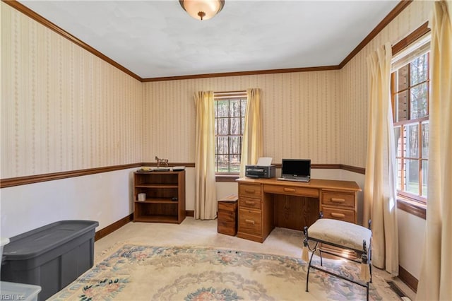 office area with light colored carpet, wallpapered walls, baseboards, and a healthy amount of sunlight