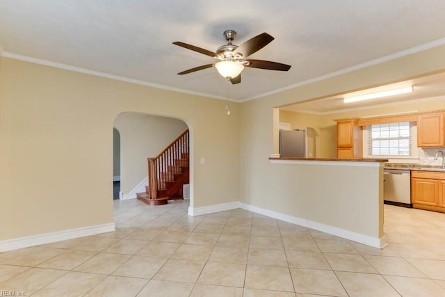 507 Bellwood Rd, Newport News, VA 23601 - empty room with ceiling fan, stairway, ornamental molding, light tile patterned floors, and arched walkways