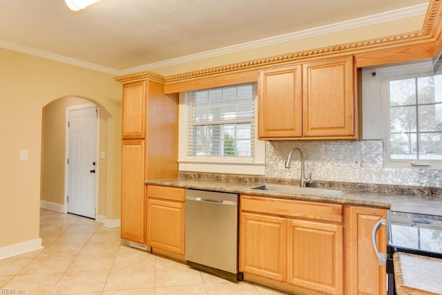 507 Bellwood Rd, Newport News, VA 23601 - kitchen featuring dishwasher, ornamental molding, decorative backsplash, arched walkways, and a sink
