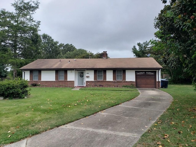 ranch-style home featuring a front yard, an attached garage, brick siding, and a chimney