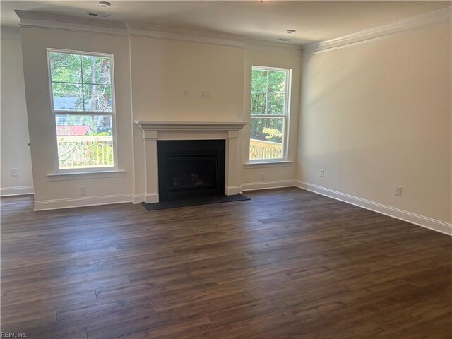 2050 Swiss Ln, Hayes, VA 23072 - unfurnished living room featuring ornamental molding, dark wood-style floors, a fireplace with raised hearth, and baseboards