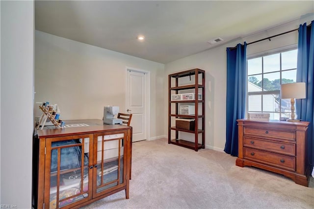 carpeted office featuring visible vents, recessed lighting, and baseboards
