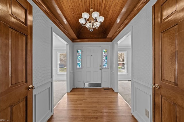 4825 Berrywood Rd, Virginia Beach, VA 23464 - foyer with light wood-style floors, a healthy amount of sunlight, a chandelier, and wooden ceiling