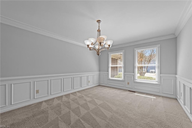 4825 Berrywood Rd, Virginia Beach, VA 23464 - unfurnished room featuring light colored carpet, crown molding, a wainscoted wall, and an inviting chandelier