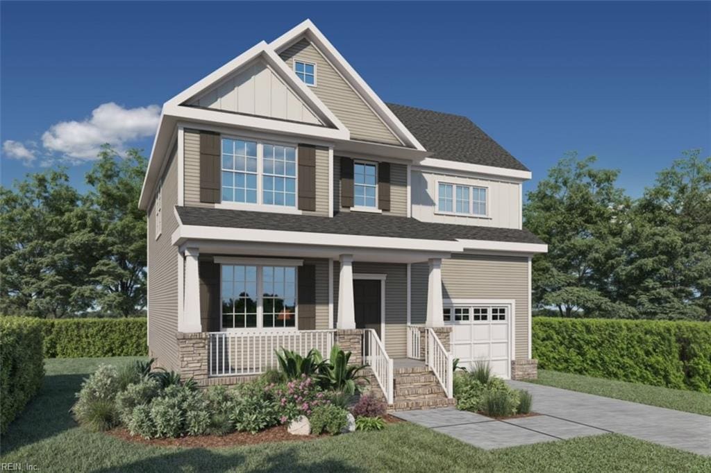 craftsman inspired home with driveway, a porch, an attached garage, stone siding, and board and batten siding
