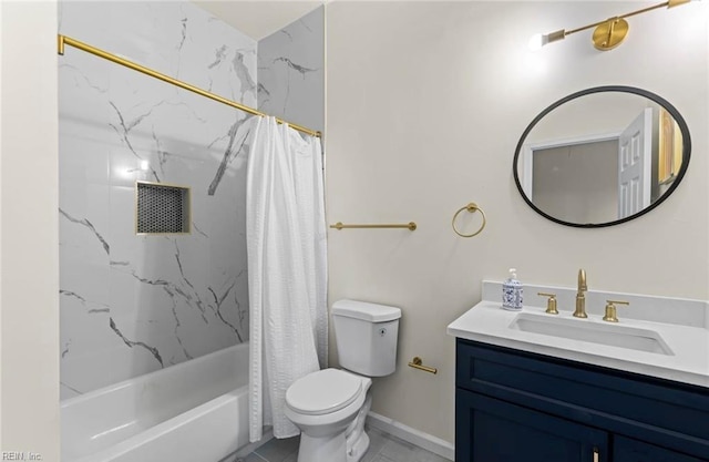 full bathroom featuring shower / bath combination with curtain, toilet, and vanity
