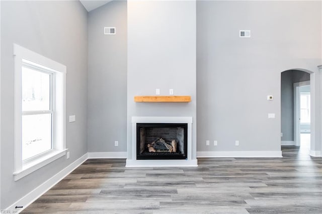 11AC Glass Rd, Hayes, VA 23072 - unfurnished living room with visible vents, arched walkways, high vaulted ceiling, and wood finished floors