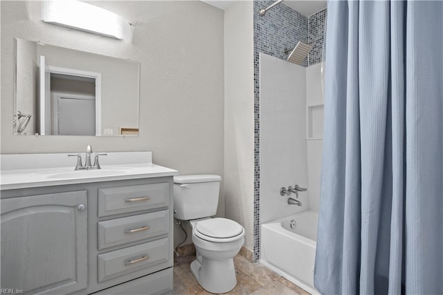 full bath featuring tile patterned floors, toilet, vanity, and shower / bath combination with curtain