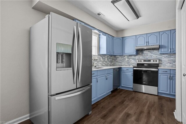 kitchen with light countertops, visible vents, stainless steel appliances, under cabinet range hood, and blue cabinets