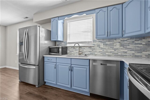 kitchen featuring a sink, visible vents, blue cabinets, and stainless steel appliances