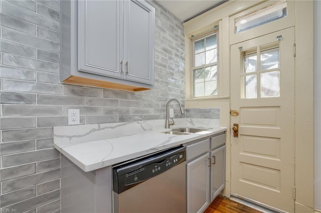 911 Spotswood Ave Unit 6, Norfolk, VA 23517 - kitchen with stainless steel dishwasher, a sink, light stone counters, tasteful backsplash, and gray cabinets