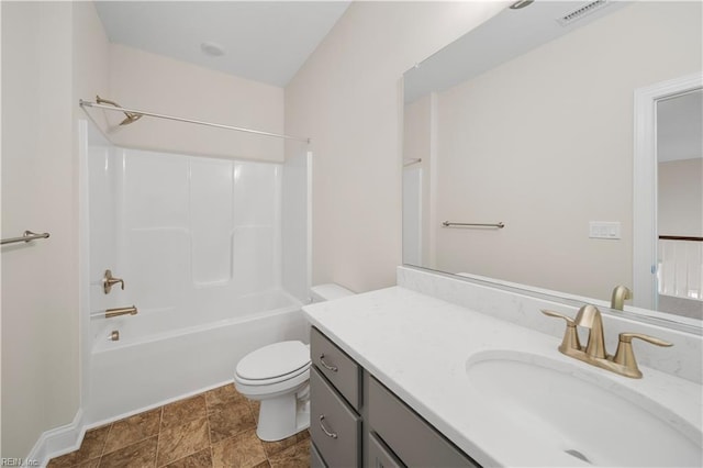 full bathroom featuring visible vents, toilet, shower / bathing tub combination, and vanity
