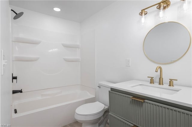 full bath featuring toilet, vanity, shower / bathtub combination, and recessed lighting