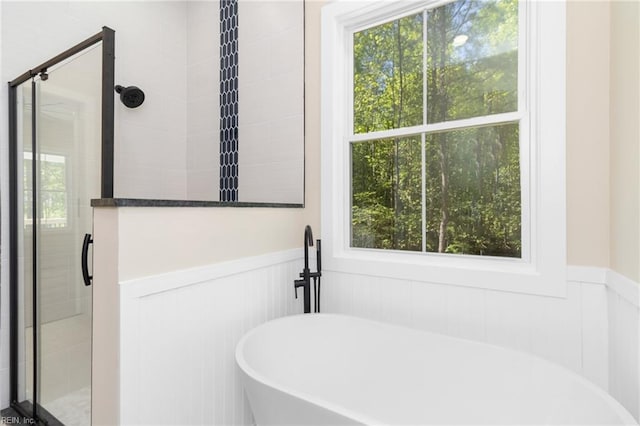full bathroom featuring wainscoting, a freestanding tub, and a healthy amount of sunlight