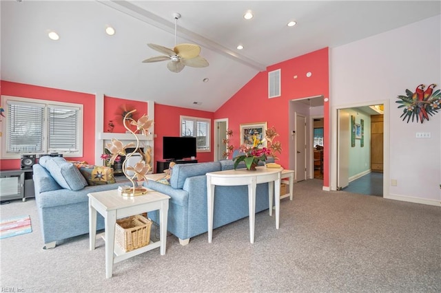 832 Surfside Ave, Virginia Beach, VA 23451 - living area with high vaulted ceiling, baseboards, ceiling fan, visible vents, and light carpet