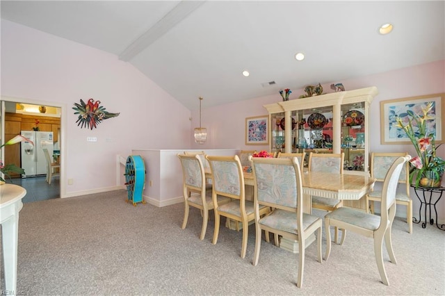 832 Surfside Ave, Virginia Beach, VA 23451 - dining space with lofted ceiling with beams, baseboards, light colored carpet, visible vents, and recessed lighting