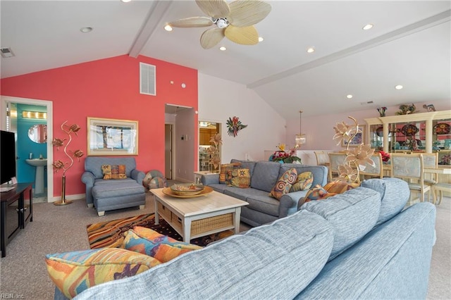 832 Surfside Ave, Virginia Beach, VA 23451 - living room featuring vaulted ceiling with beams, visible vents, ceiling fan, and carpet