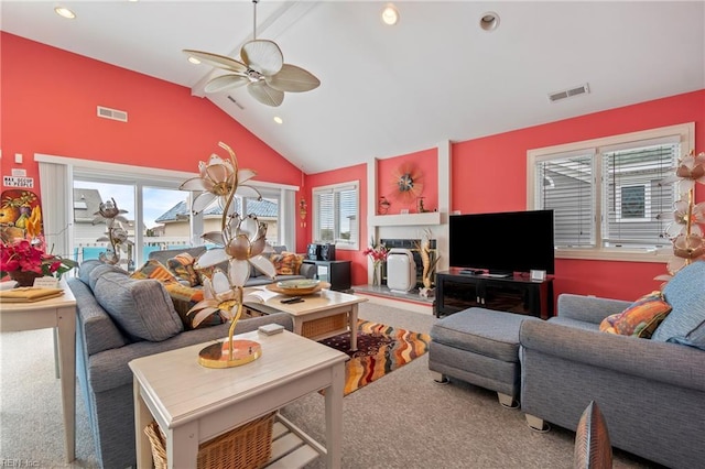 832 Surfside Ave, Virginia Beach, VA 23451 - living room featuring a ceiling fan, carpet floors, a healthy amount of sunlight, and visible vents
