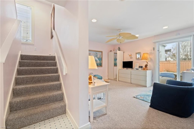 832 Surfside Ave, Virginia Beach, VA 23451 - stairs with baseboards, carpet floors, ceiling fan, and recessed lighting