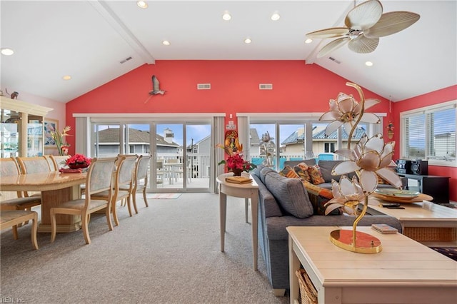 832 Surfside Ave, Virginia Beach, VA 23451 - carpeted living area featuring beam ceiling, ceiling fan, and visible vents