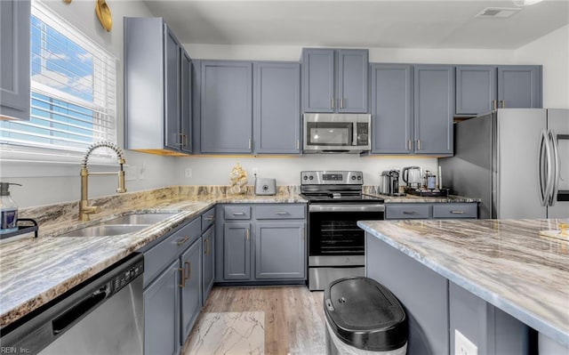 kitchen featuring visible vents, appliances with stainless steel finishes, a sink, light stone counters, and gray cabinets