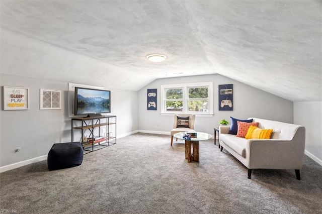 sitting room with baseboards, carpet flooring, a textured ceiling, and lofted ceiling