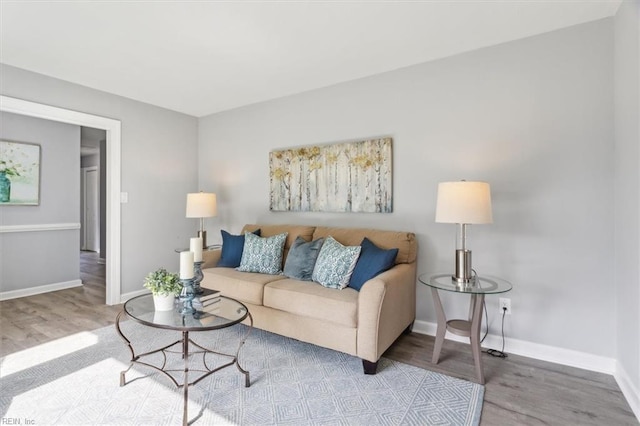 living area with baseboards and wood finished floors