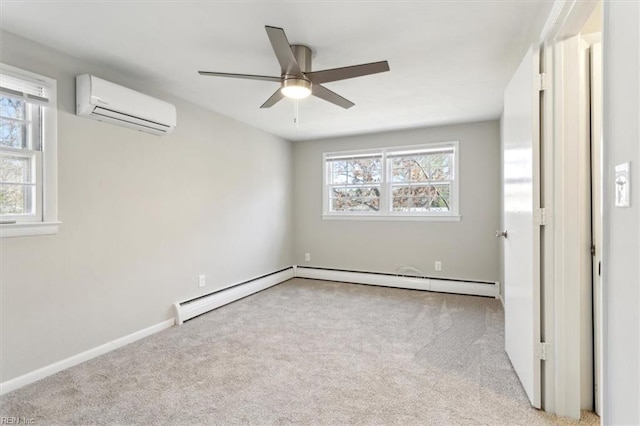 unfurnished bedroom with a wall unit AC, multiple windows, and carpet