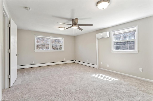 unfurnished bedroom with carpet floors, an AC wall unit, baseboards, and a baseboard heating unit