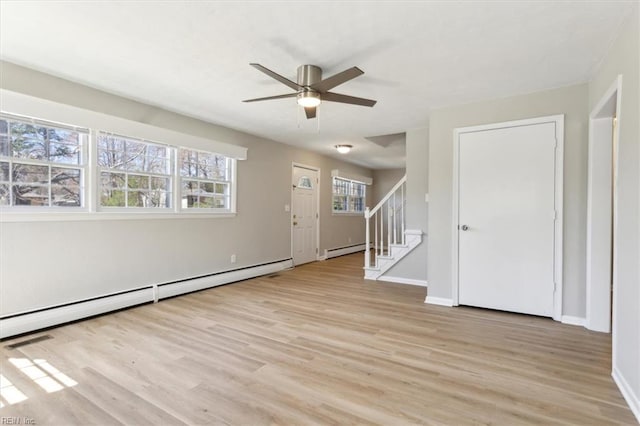 unfurnished living room featuring a baseboard radiator, light wood-type flooring, and stairs