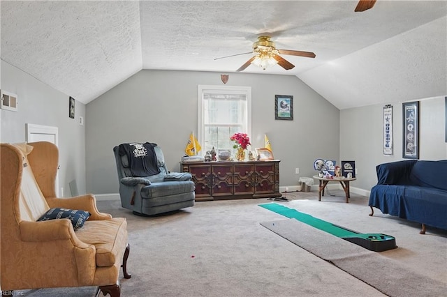 421 Richneck Rd, Newport News, VA 23608 - living area with baseboards, carpet, lofted ceiling, and ceiling fan