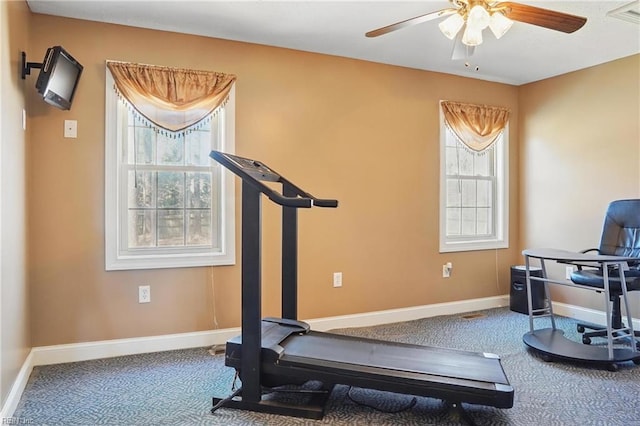 421 Richneck Rd, Newport News, VA 23608 - exercise area featuring a ceiling fan, carpet floors, baseboards, and visible vents