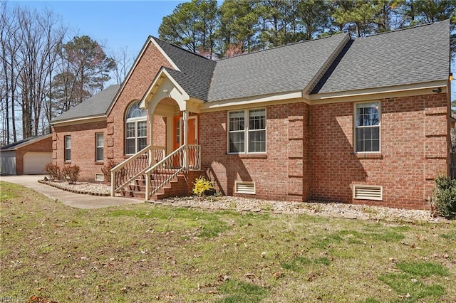421 Richneck Rd, Newport News, VA 23608 - view of front of property featuring a front lawn, a garage, brick siding, and roof with shingles